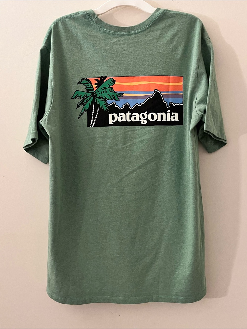 Patagonia Green Short-Sleeve Graphic Tee Hawaii edition with Sunset Palm Print